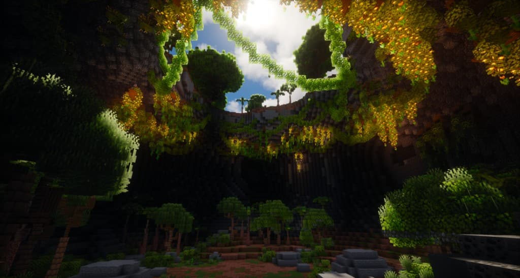 Minecraft underground cavern opening to a bright sky, with vines, moss, and glowing flora.